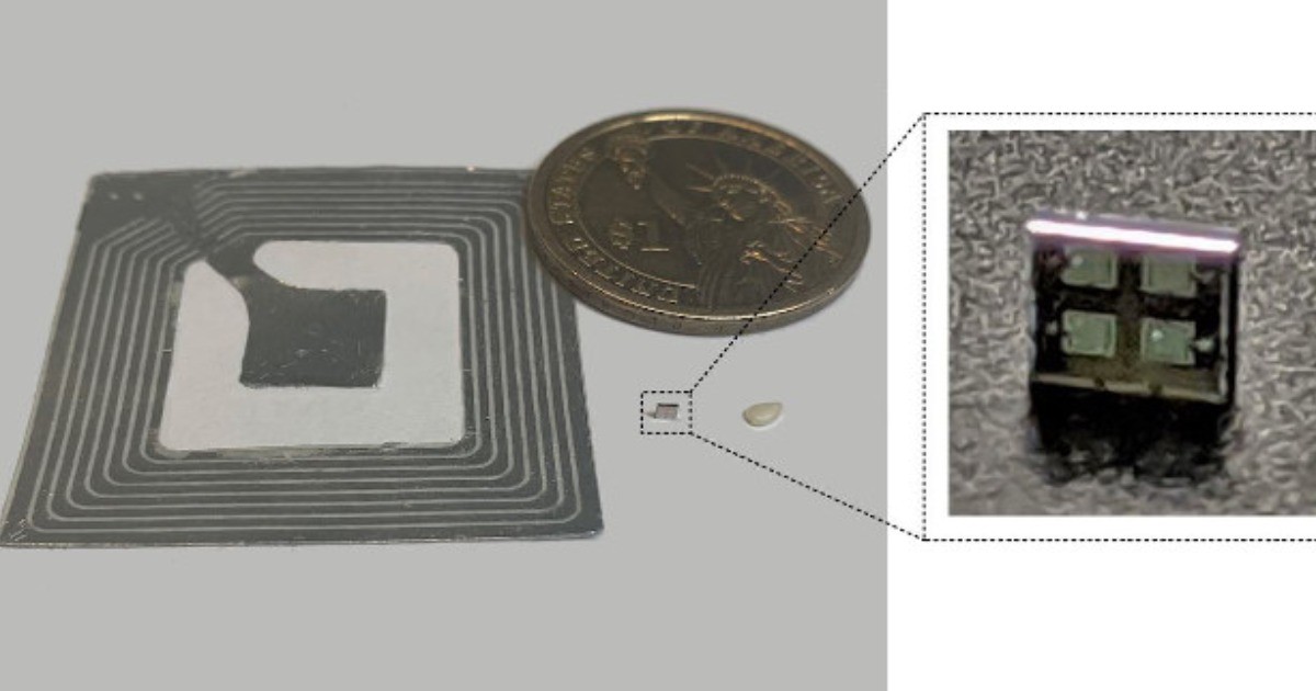 毫米大小的ID晶片，工作頻率比RFID高數百倍，可使用極低的能量來保證安全的通信